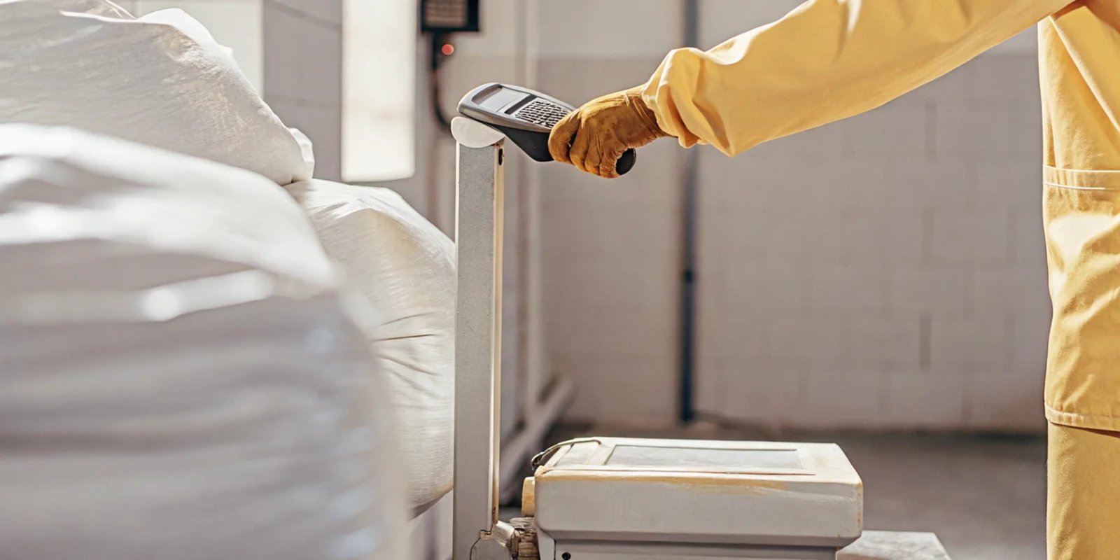 Automating Data Capture to Eliminate Errors A close-up shot of an operator using a barcode scanner on a raw material bag next to a smart PC scale