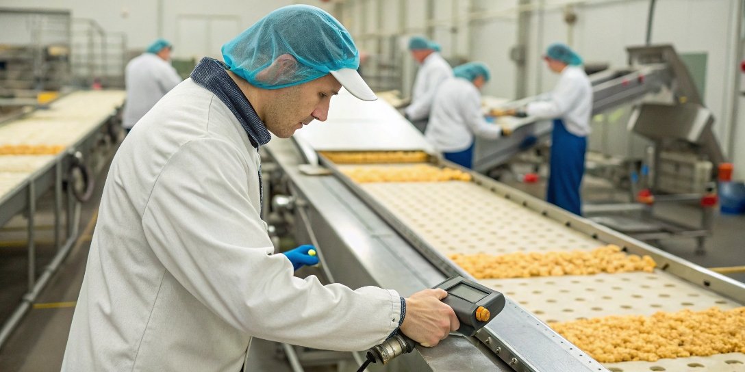 A quality control inspector testing a metal detector with a certified test card on a food production line.