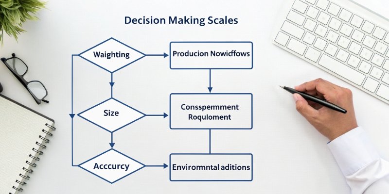 How to Choose Factory Scales A flowchart illustrating the decision-making process for selecting scales, with questions about workflow, weight, environment, and data.
