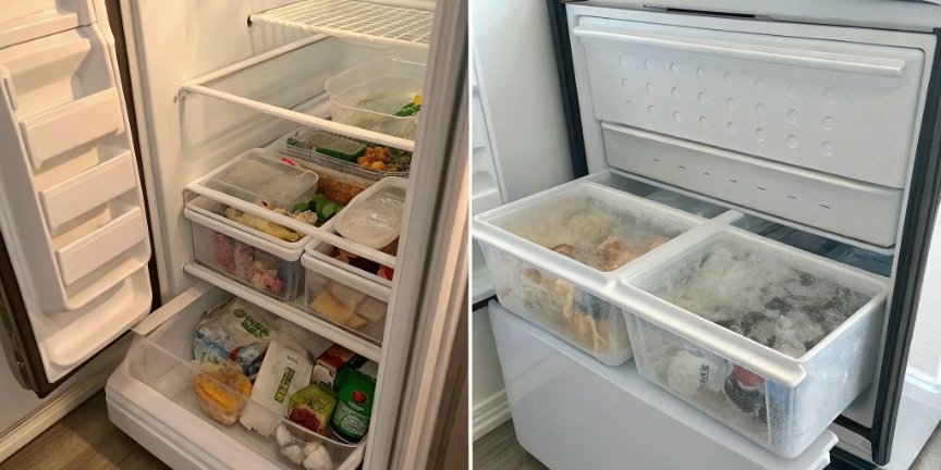 Enhancing Manual Checks A side-by-side comparison showing a cluttered, disorganized freezer versus a clean, well-labeled one.