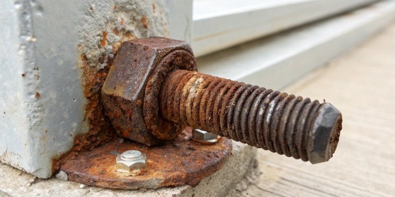 A corroded bolt where galvanized steel was connected to a stainless steel plate, showing rust and decay.