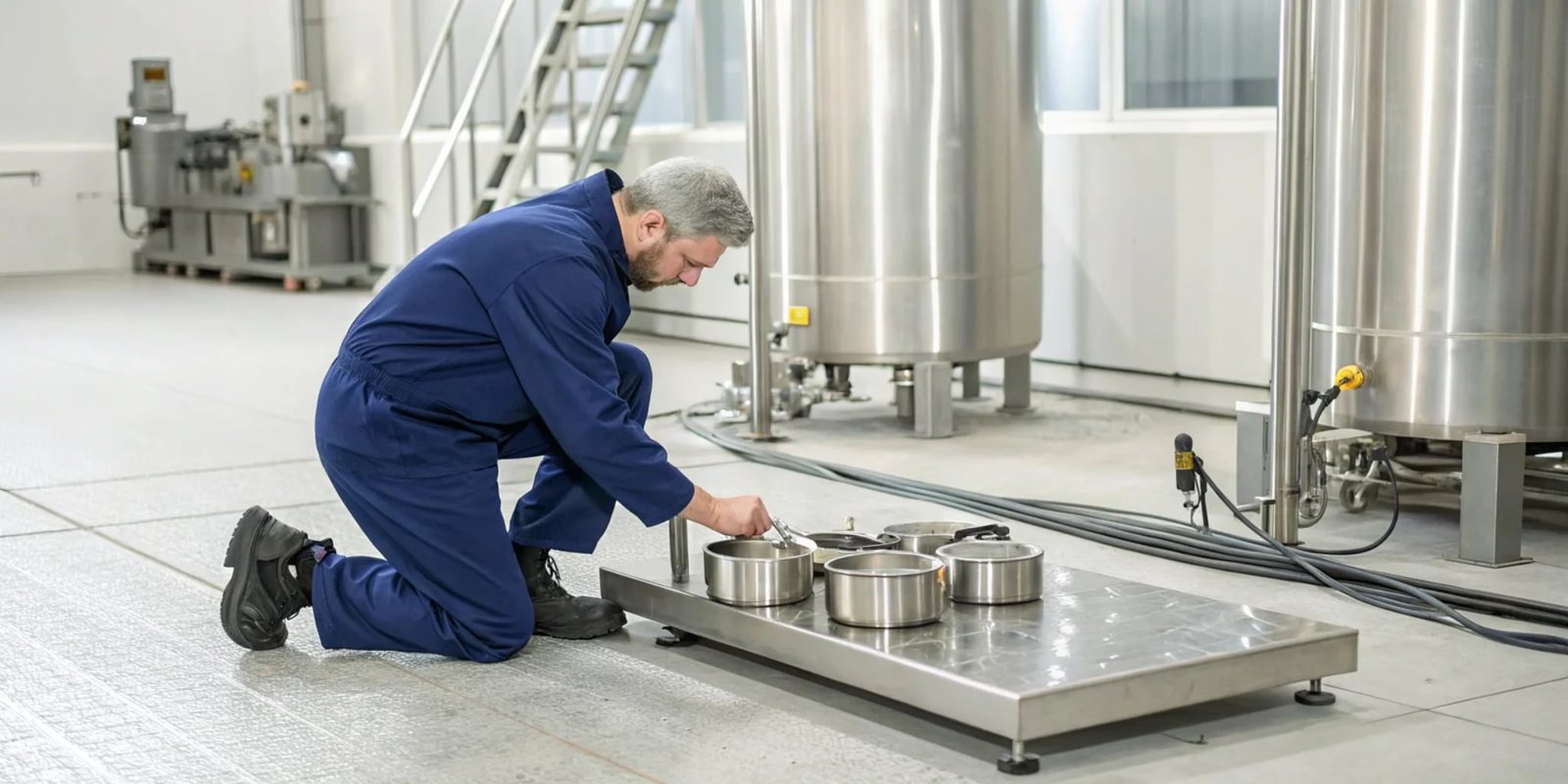 Industrial Scale Calibration and Maintenance A technician calibrating an industrial floor scale with certified test weights.