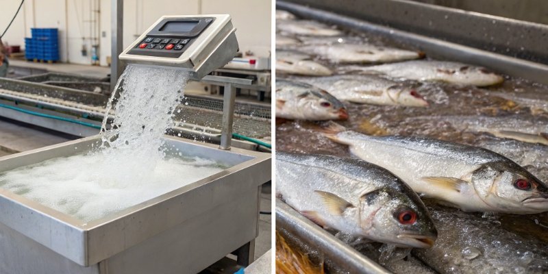 Matching IP Rating to Environment An IP68 scale being used in a wet seafood market next to an IP65 scale in a dry bakery.