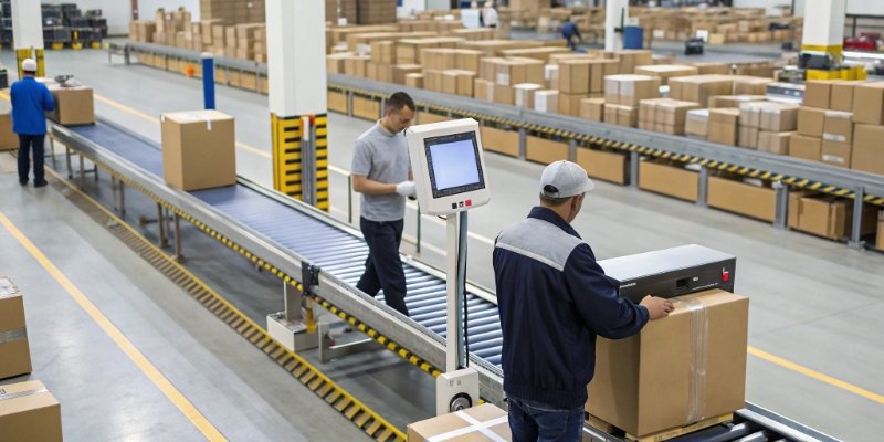 Smart PC Scale in a Shipping Dock A busy shipping dock where a single smart PC scale is being used to process packages quickly.