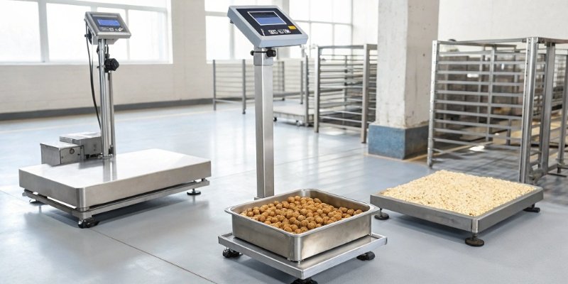 Essential Factory Scales A highlighted image showing the three essential scales: a table scale, a platform scale, and a checkweigher.