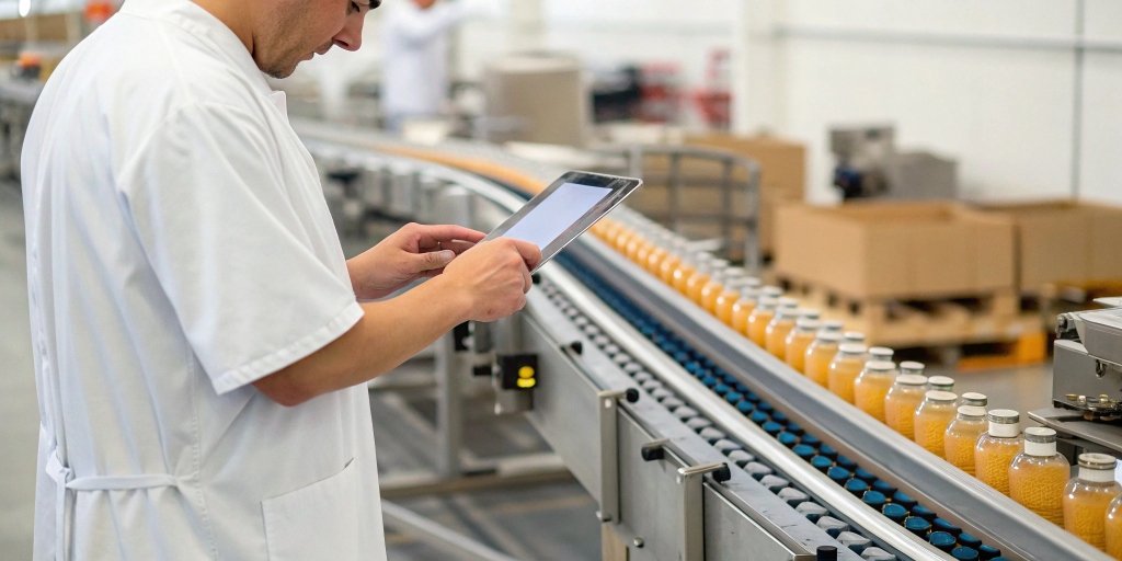 Calibrating a Checkweigher A technician using a tablet to calibrate a checkweigher on a production line
