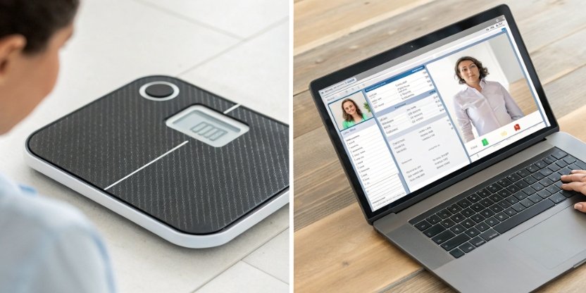 Tools for Accurate Payroll Tracking A collage of the tools: a Weigherps smart scale, an employee ID card, and a laptop displaying payroll software