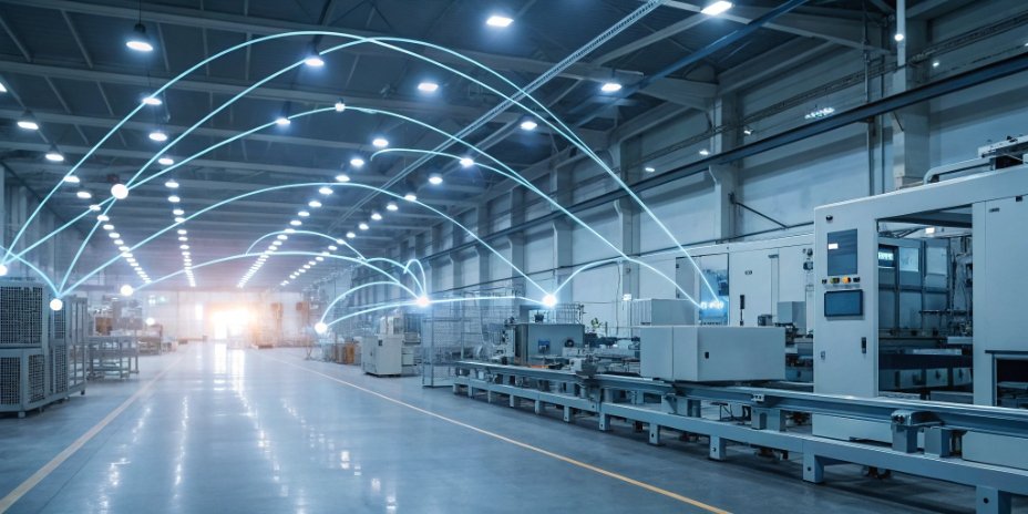 Edge Computing and IIoT A futuristic tech-themed image showing interconnected IoT devices on a factory floor with data streams flowing between them.
