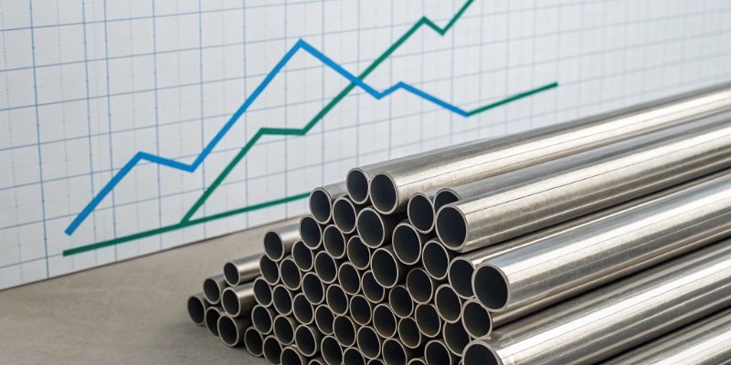 A financial chart or graph showing the rising cost of metals like nickel and chromium, which are used in stainless steel.