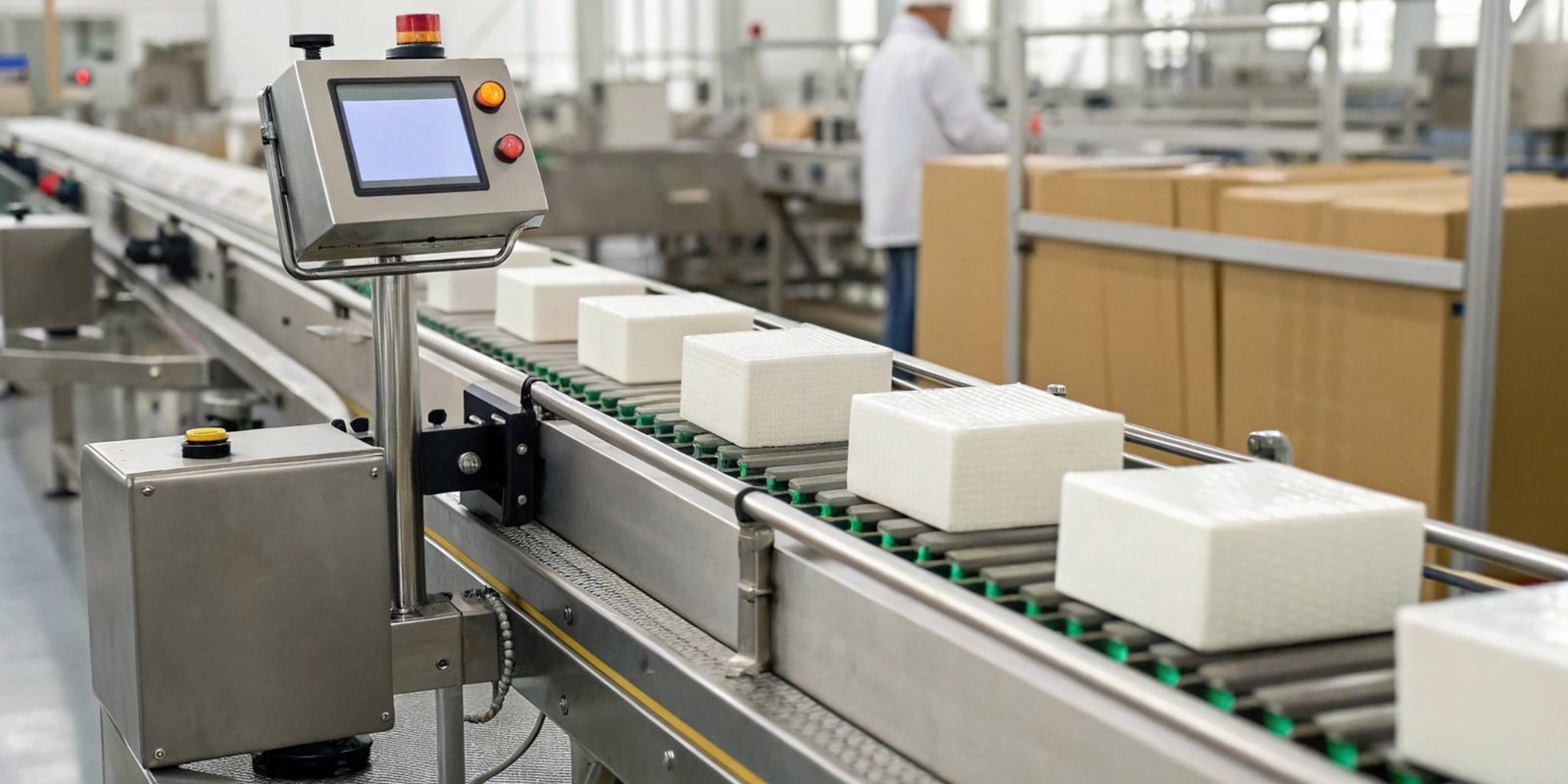 Early Detection with Checkweigher A production line showing a checkweigher placed directly after a product filler and before the sealing machine.