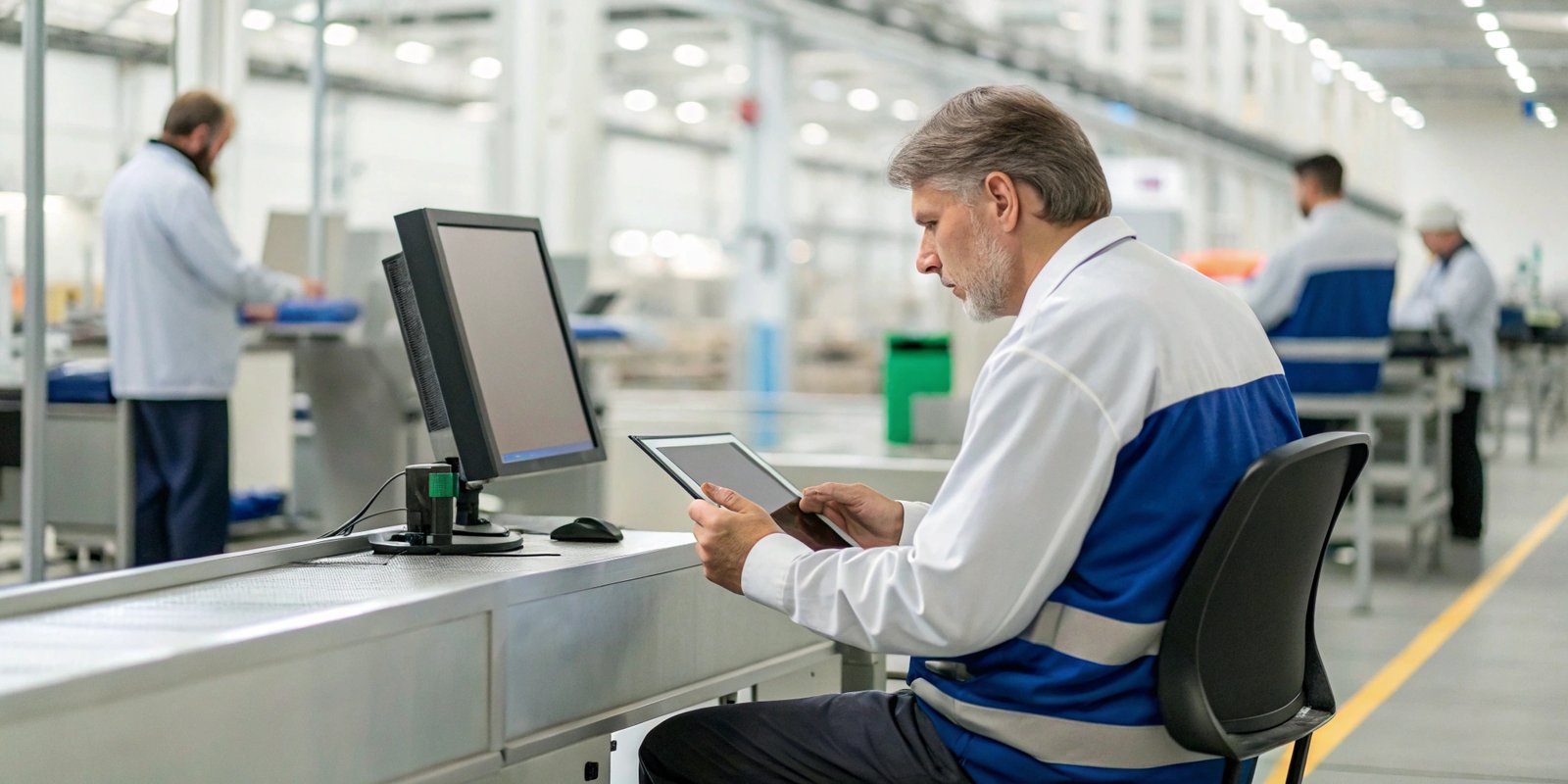 Data-Driven Quality Control A quality control manager reviewing data from a checkweigher on a tablet