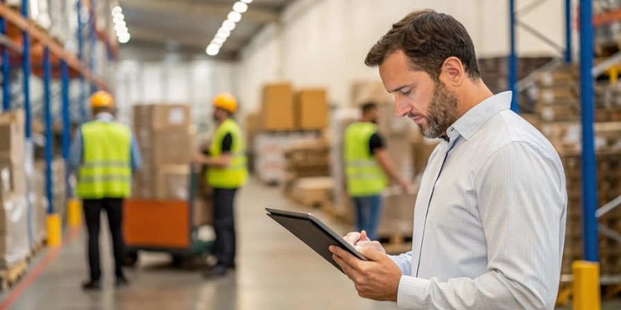 Warehouse Optimization Technology A manager looking at a tablet displaying real-time inventory data with warehouse operations in the background.