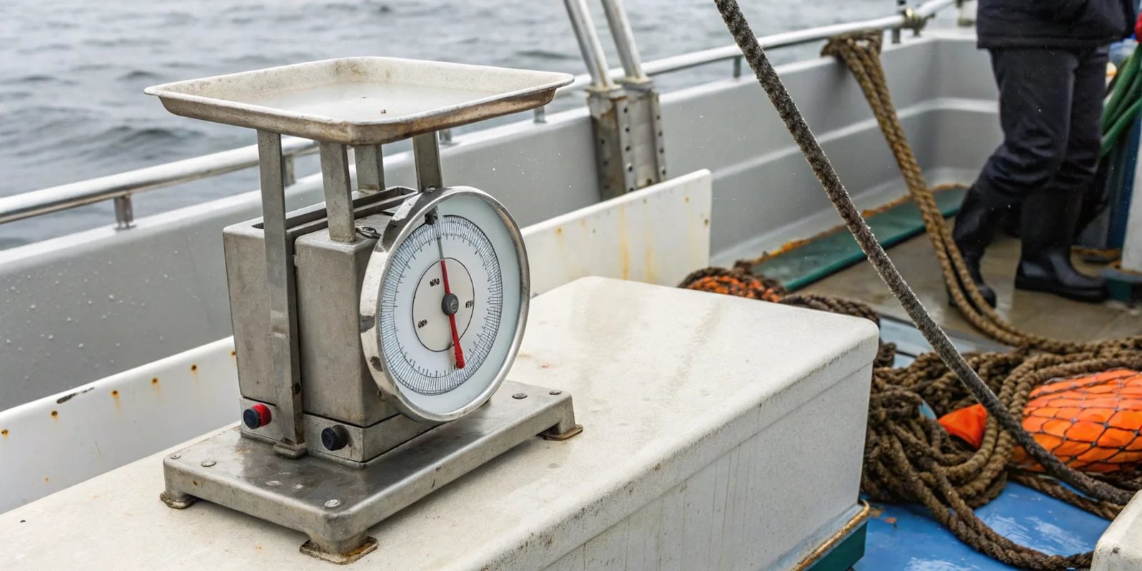 Specialized Marine-Grade Scale A specialized marine-grade scale with heavy-duty construction and a waterproof indicator on a fishing boat.