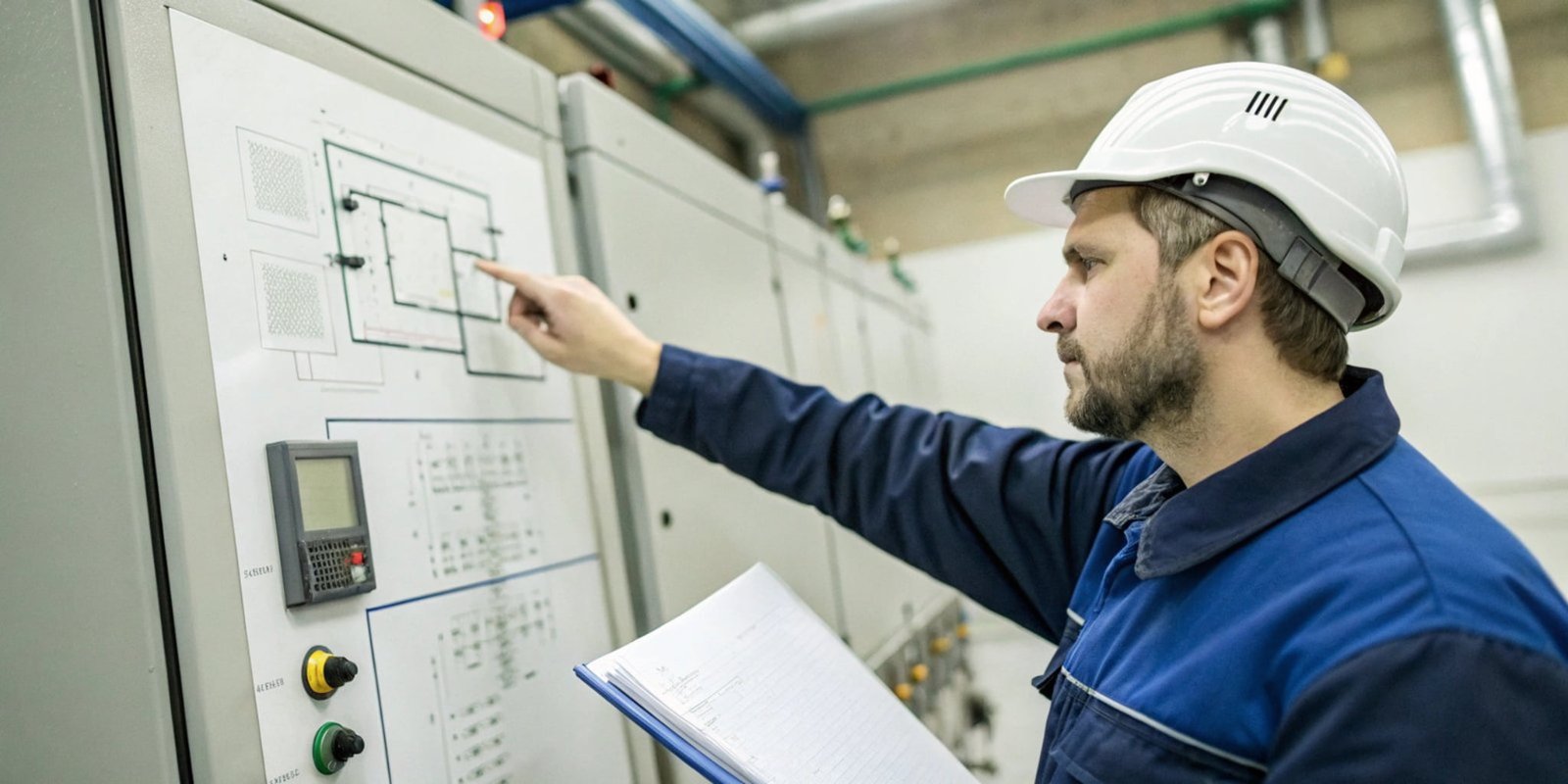 A technician pointing to the features on a spec sheet for a low-temperature industrial scale.
