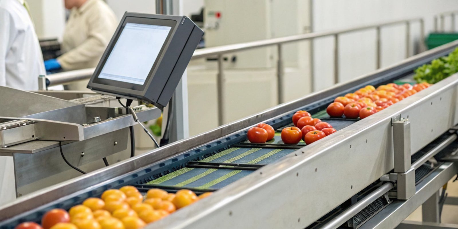 A picture of a smart scale in a food production environment, showcasing the first step towards digital traceability. A smart industrial scale integrated into a food production line, with data being transmitted to a nearby computer screen.