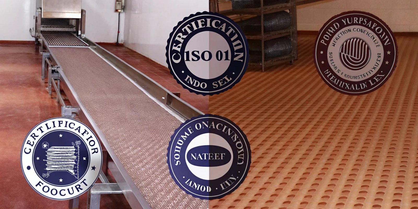 Essential Certifications for Food Factory Weighing Equipment A collage of certification logos like CE, ISO 9001, and ATEX on a background of a modern food factory.