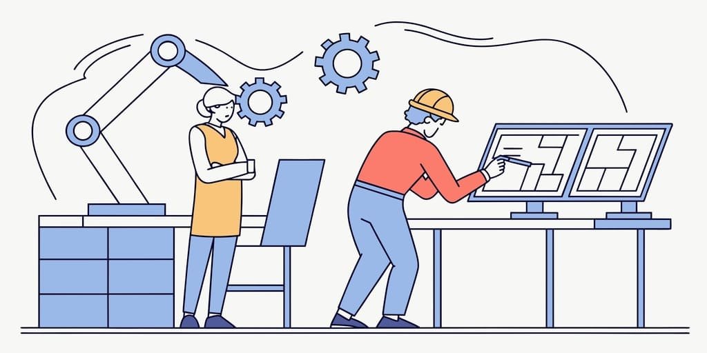 A designer and an engineer collaborating over a product schematic