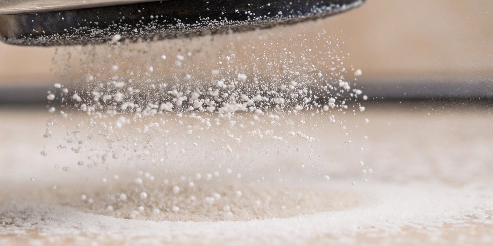 A close-up of fine sugar powder being sifted, with particles suspended in the air.