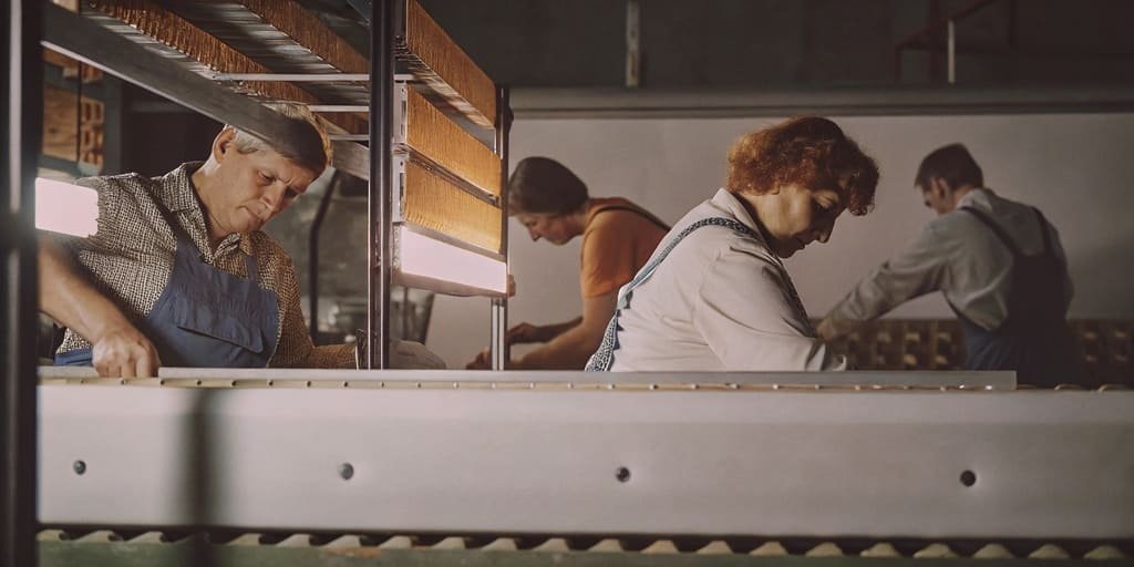An assembly line showing workers easily swapping different components on a product