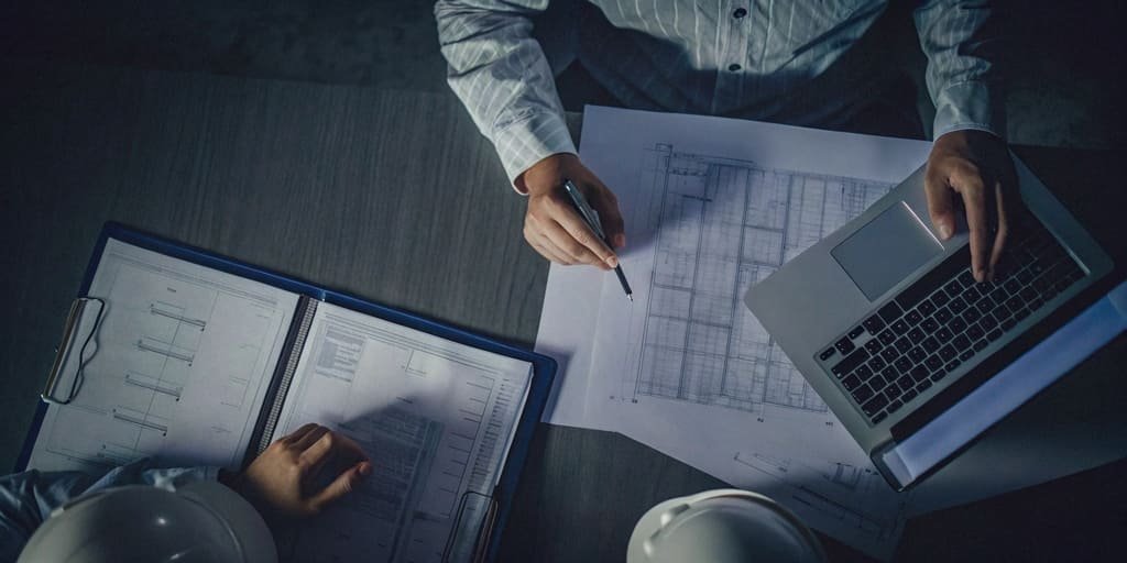 A person at a desk with a checklist, technical drawings, and a laptop, preparing for a meeting
